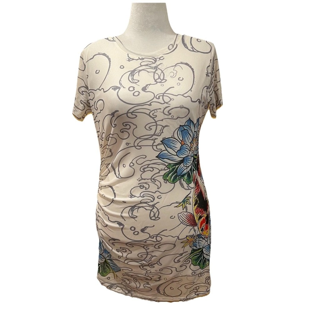 Ed Hardy Vintage Womens Y2K Koi Fish Dress Mesh Overlay Tattoo Club Streetwear L
